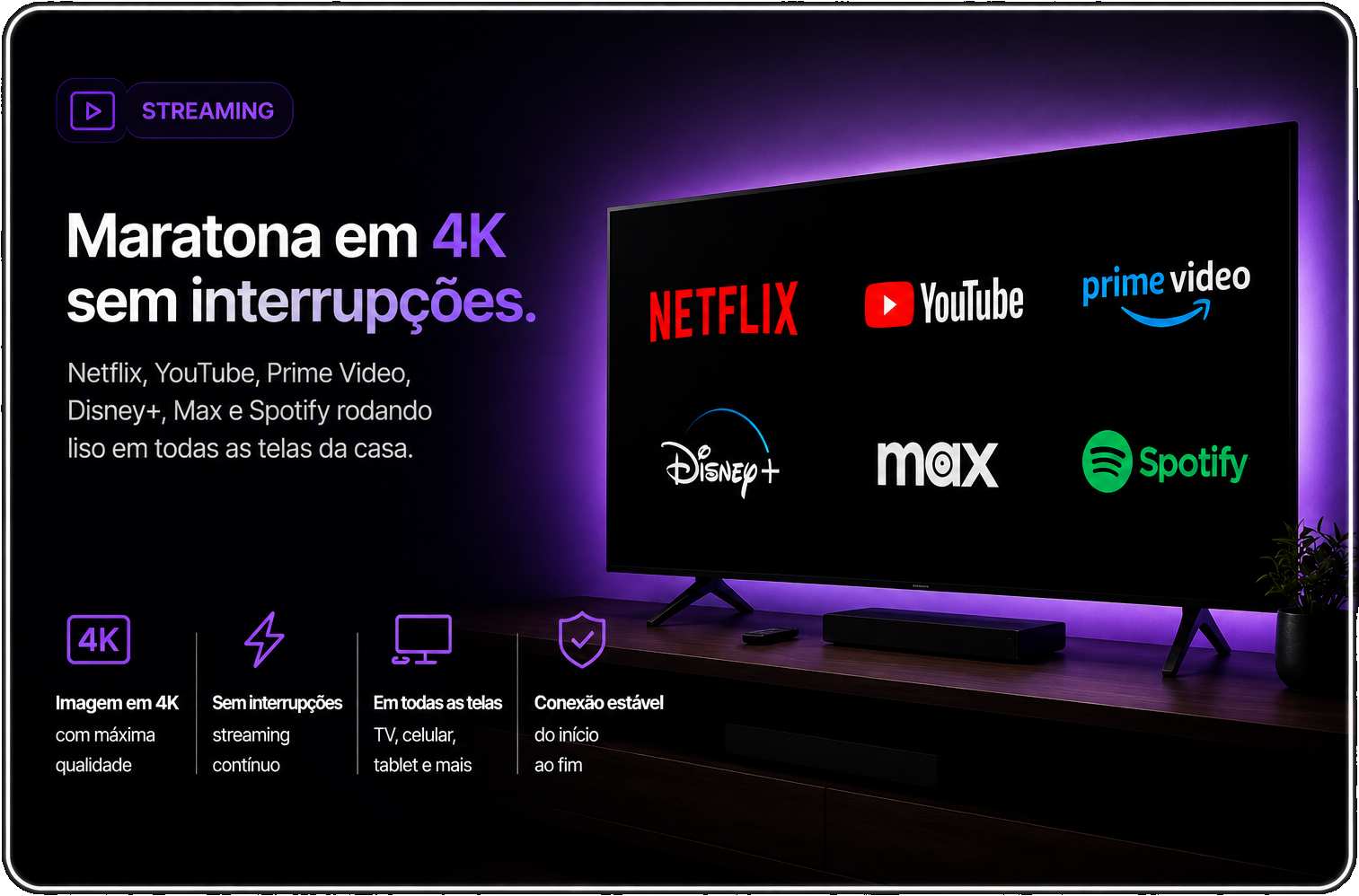 Streaming: maratona em 4K sem interrupções — Netflix, YouTube, Prime Video, Disney+, Max e Spotify.